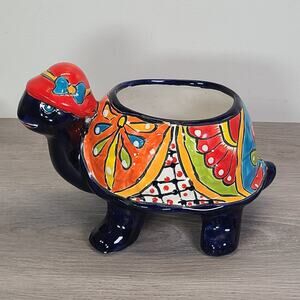 Talavera Mexico Pottery Turtle Hand Painted Planter Bright Colorful Whimsical